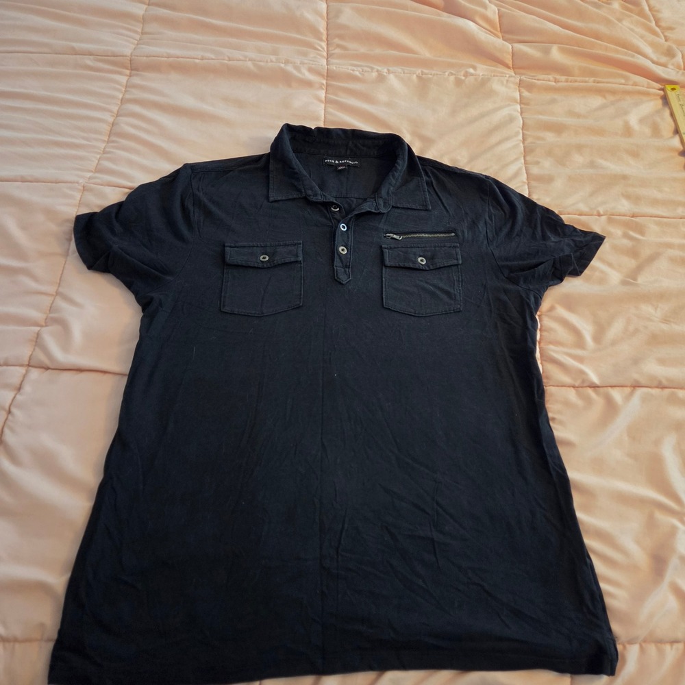 Rock & Republic Mens XL Black Short Sleeve Utility Polo Shirt Zip Pocket